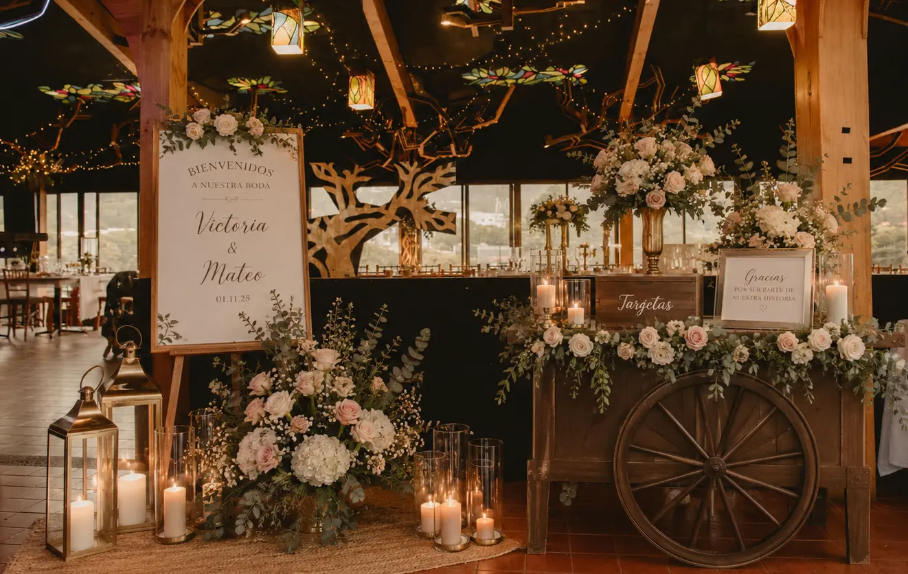 Elegant wedding reception setup with candles, lanterns, and floral arrangements at Tree House Monteverde, Costa Rica