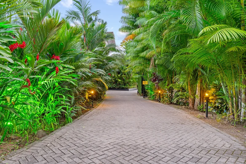 Paved garden path lined with palms and red heliconias at Casa del Río wedding venue in La Fortuna, Costa Rica