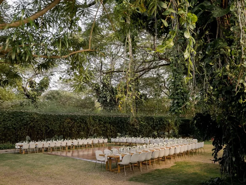 Long banquet tables set for a garden wedding reception under tropical trees at El Mangroove, Guanacaste