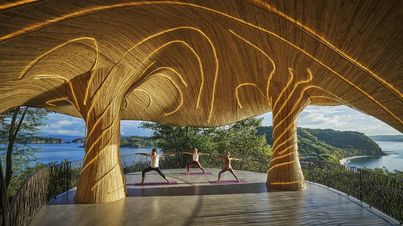 Sculptural wooden yoga pavilion overlooking the bay at Four Seasons Resort Costa Rica, Peninsula Papagayo, Guanacaste