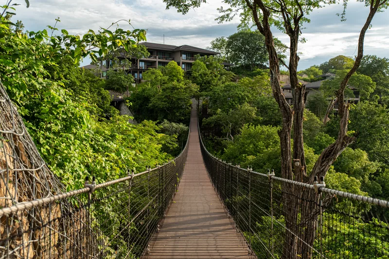 Wooden suspension bridge through the tropical dry forest canopy at Nekajui Ritz-Carlton Reserve, Papagayo Peninsula